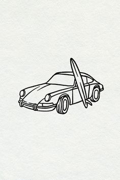 a black and white drawing of a car with a surfboard on it's roof