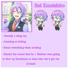 an anime character with purple hair and blue eyes