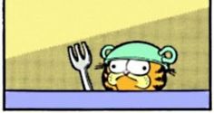 a cartoon character holding a fork and wearing a green hat with an angry look on his face