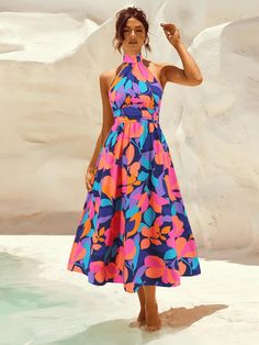 Polyester Skirt, Flowers Color, Stil Elegant, Midi Dress Party, Floral Print Maxi Dress, Floral Print Maxi, Women Midi, Halterneck Dress, Daily Dress