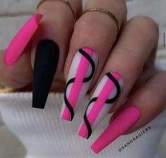 P!nk Nails Ideas, Matt Acrylic Nail Designs, Monochrome Nail Designs, Pink And Maroon Nails, Hot Pink And White Nail Designs, Summer Nails Neon Pink, Hot Pink Nail Ideas Acrylic, Black And Neon Pink Nails, Hot Pink And Purple Nails