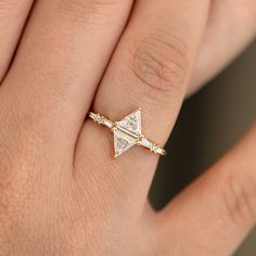 Geometric Engagement Ring with Triangle and Baguette Diamonds – ARTEMER Silver And Gold Engagement Rings, Vintage Engagement Rings Silver, Trillion Diamond Ring, Alt Wedding, Elegant Engagement Rings, Baguette Diamond Rings