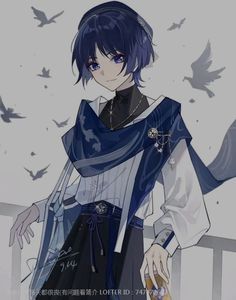 an anime character with blue hair wearing a black and white outfit, standing on a balcony