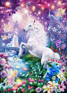 a painting of a white unicorn in the middle of flowers and trees with fairy lights