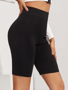 Black Sporty   Cotton Plain Biker Shorts  Slight Stretch Spring/Summer/Fall Women Bottoms Biker Shorts Outfit, Women Bottoms, Black Plain, Shorts Outfit, 8th Grade, Short Leggings, Arctic Monkeys, Wide Waistband, Trendy Fashion Women