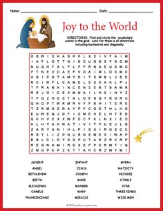 a christmas word search page with the words joy to the world and jesus on it