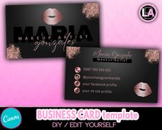 two business cards with gold glitter lips and lipstick on them, one is for makeup artist