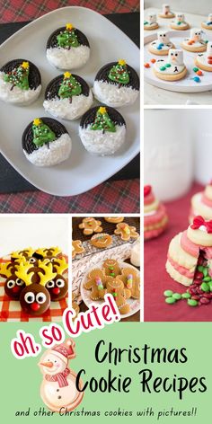 a collage of cute christmas cookies like melting snowmen cookies, reindeer cookies & oreo Christmas tree cookies. Oreo Christmas, Snowmen Cookies, Love At Christmas, Christmas Cookies Recipes, Gluten Free Shortbread, Vegan Peanut Butter Cookies, Melting Snowmen