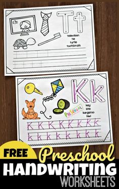 two handwritten worksheets with the words preschool and pre school handwriting on them