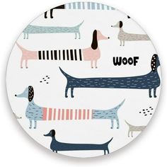 a plate with dogs on it and the words woof written in black, white, and