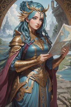 a woman dressed in blue and gold holding a map