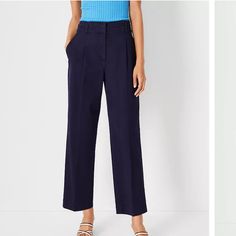 Topped With A Flattering High Waist, Our Pleated Chino Straight Ankle Pants Have Go-Anywhere, Anytime Style. Front Zip With Double Hook-And-Bar Closure. Belt Loops. Button Waist Tabs. Front Pleats. Front Off-Seam Pockets. Back Patch Pockets. Fit Fit: Tailored & Fitted Rise High Rise: Sits 1/2" To 1" Below Natural Waist Length Hits At Ankle: 27" Inseam With 18" Leg Opening Leg Shape Leg Shape: Straight A Leg-Skimming Shape With Tailored, Timeless Versatility Fabric & Care 98% Cotton, 2% Elastane; Chic Navy Wide Leg Workwear Pants, Chic Navy Wide Leg Pants For Work, Blue Ankle-length Wide Leg Office Pants, Blue Ankle-length Wide Leg Pants For Office, Blue Wide Leg Ankle-length Pants For Work, Navy High-waisted Pants For Work, Blue Ankle-length Wide Leg Pants For Work, Blue Ankle-length Wide Leg Pants For Business Casual, Navy Pants For Business Casual In Spring