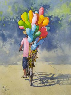 a painting of a person riding a bike with balloons on the back