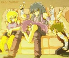 three anime characters sitting on a couch with their arms in the air and one person holding another