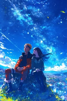 two people sitting on top of a rock under a sky filled with stars and clouds