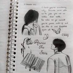 an open notebook with two drawings of people and words on the pages, one is reading a book