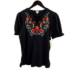 Keep In Touch Boho Floral Embroidered Black Top Size Small New. V Neck Floral Embroidery Cotton Knit Short Sleeves With Elastic Cuffs New With Tags Armpit To Armpit 19.5" Length 25" Black Cotton Folk Embroidered Top, Traditional Embroidered Black Tops, Traditional Black Embroidered Top For Spring, Traditional Black Top With Embroidered Border, Traditional Black Tops With Embroidered Border, Cutout Shirts, Grey Striped Shirt, La Shirt, Embroidery Cotton