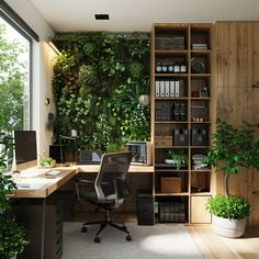 a home office with plants on the wall and desks in front of it,