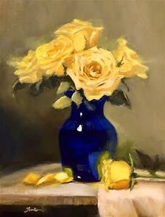 a painting of yellow roses in a blue vase