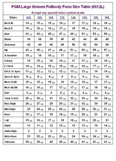 the printable table for women's full body form size chart, with measurements