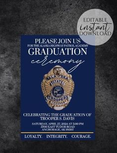 a graduation party flyer with a police badge on the front and blue background, which reads please join us for the class