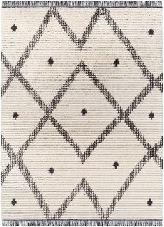 an area rug with black and white patterns