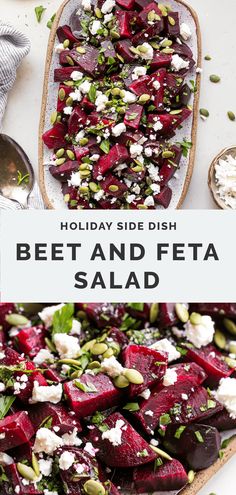 beet and feta salad on a platter with text overlay