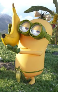 a cartoon character holding a banana and wearing goggles on it's head in the grass