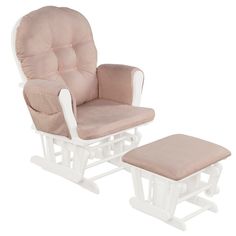 a white rocking chair and foot stool with a pink cushion