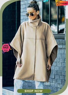 Khaki Snap Button Turn-down Collar Cape Coat Half Cape, Summer Bottoms, Jackets Casual, Summer Beach Dress, Longline Coat, Picture Style, Poncho Style, Cape Coat, Chic Casual