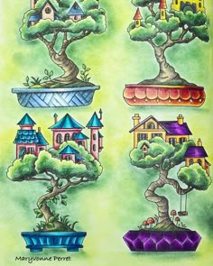 a drawing of different types of trees and houses in potted planters on a green background