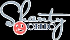 the logo for shanty chic 2 is shown in blue and red letters on a white background