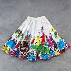 Gorgeous Hand-Painted Mexican Skirt! Ivory Cotton With Multi-Colored Scenic Novelty Print. The Colors Are Bold And Rich. There's A Side Snap And Button Closure. There's A Little Seam Stress At The Base Of The Side Opening, But Otherwise This Is In Fantastic Condition. The Waist Is 23", No Stretch. 23.5" Long, With 2.25" Additional Hem That Can Be Let Out If Desired. Full Circle Sweep. Amazing Piece! (G5) Mexican Skirt, Mexican Skirts, Clown Core, Square Skirt, 70s Jacket, Denim Wrap Skirt, 1960 Dress, Side Snap, Vintage Skirts