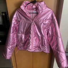 Brand New And Never Worn! Beautiful Pink Metallic Jacket. Perfect To Stand Out In The Crowd! Trendy Metallic Shiny Outerwear, Shiny Long Sleeve Winter Outerwear, Metallic Long Sleeve Winter Outerwear, Metallic Hooded Winter Outerwear, Trendy Silver Long Sleeve Outerwear, Metallic Puffer Jacket, Faux Jacket, Pink Chrome, Metallic Jacket