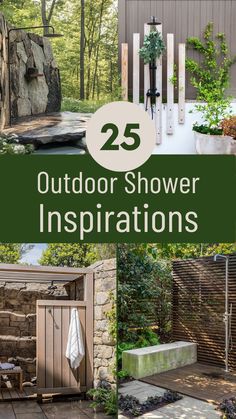 an outdoor shower with the words 25 outdoor shower inspirations in green overlaying it