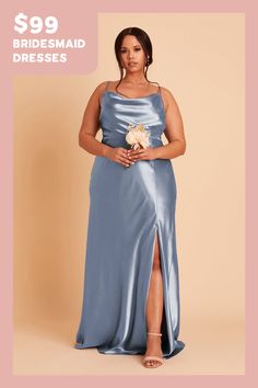 a woman in a blue dress with the words $ 99 bridesmaid dresses on it