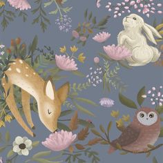 an illustration of animals and flowers on a blue background