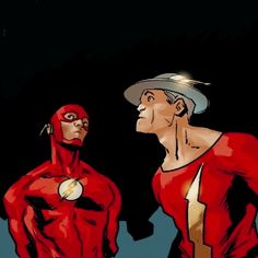 two superheros standing next to each other in front of a black background, one wearing a white hat and the other red