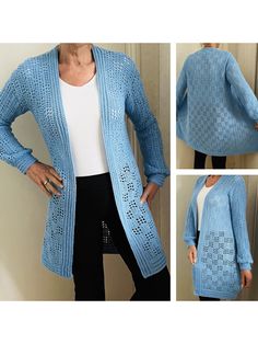 a woman wearing a blue knitted cardigan with holes in the front and back