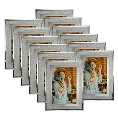 a set of six silver frames with a woman holding a flower in her hand and wearing a hat