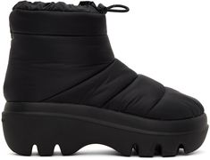 Ankle-high insulated quilted nylon satin boots in black. · Bungee-style drawstring at throat · Treaded rubber sole · Platform: H1.5 in · Heel: H2 in Supplier color: Black Satin Boots, Quilted Boots, Logo Shoes, Pad Design, 5 Inch Heels, Platform Boots, Proenza Schouler, Hiking Boots, Chelsea Boots