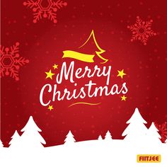 merry christmas card with trees and snowflakes on red background, eps file available