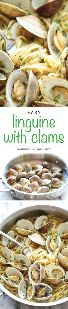 the cover of an easy linguinne with clams cookbook is shown in two separate pans