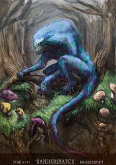 a blue creature sitting on top of a lush green forest