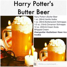 an advertisement for harry potter's butter beer with pictures of the recipe and ingredients