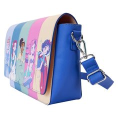 This colorful bag features a variety of Disney Princess characters, drawn in manga style, wide-eyed with wonder. A corresponding color block stripe serves as a background. You’ll find Disney’s Cinderella against a light blue background, Belle against a blue background, Tiana against a soft green background, Ariel against a pink background, and Snow White against a yellow background. Silver diamond and “starburst” details surround them. Lift the flap, and you’ll find printed image symbols associa Disney Princess Backpack, Disney Princess Characters, Disney Merch, Cute Crossbody Bags, Loungefly Bag, Manga Style, Colorful Bags, Loungefly Disney, Light Blue Background