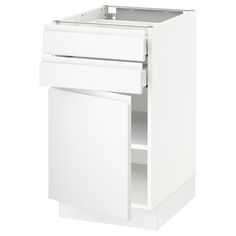 a white cabinet with two drawers and one door open to reveal the bottom drawer area