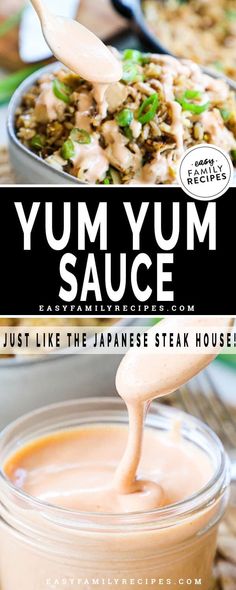 a spoon is pouring sauce into a jar with the words yummy sauce on it