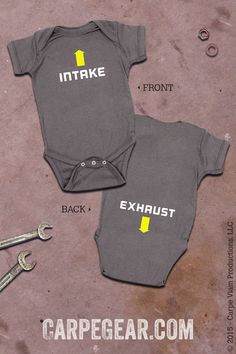 two baby onesuits with the words make and exhaustt on them