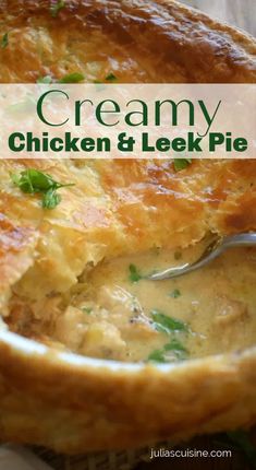 a chicken and leek pie with a spoon in it